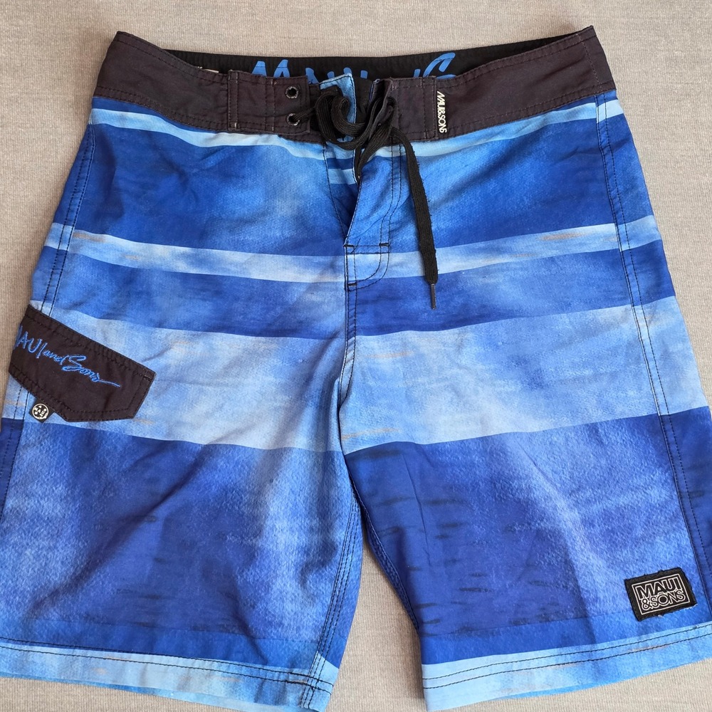Maui and Sons Board Shorts Mens 30 Blue Striped Black Shark 4-Way Stretch Surf